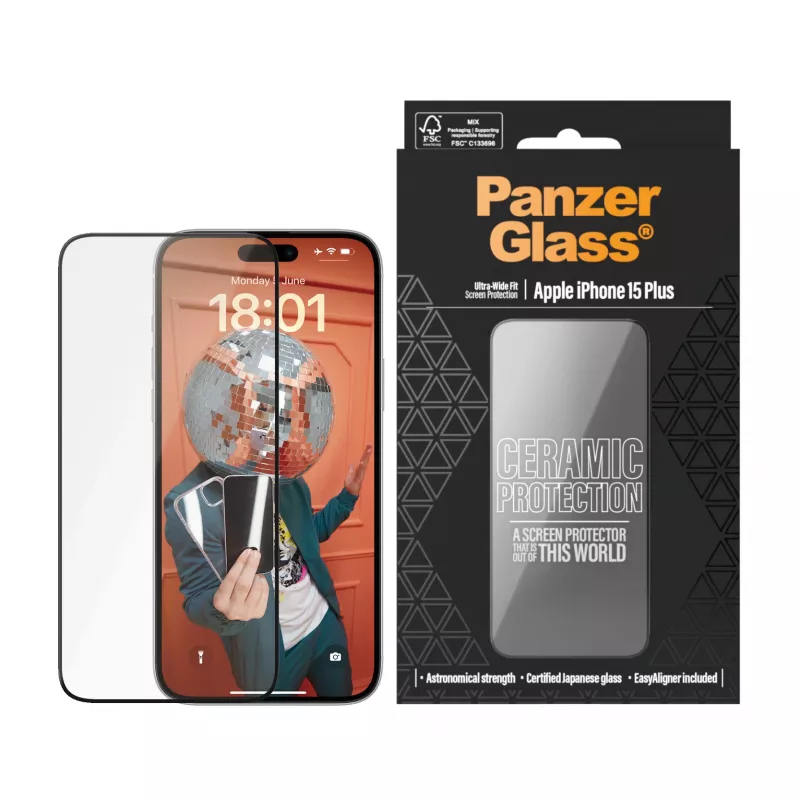 PanzerGlass ® Keraminė apsauga iPhone 15 Plus | Ultra-Wide Fit su EasyAligner