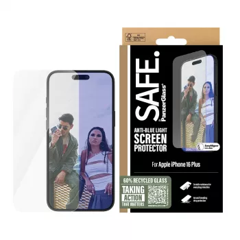 PanzerGlass SAFE. by ® Anti-Blue Light Screen Protector, iPhone 16 Plus / 15 Plus, Ultra-Wide Fit