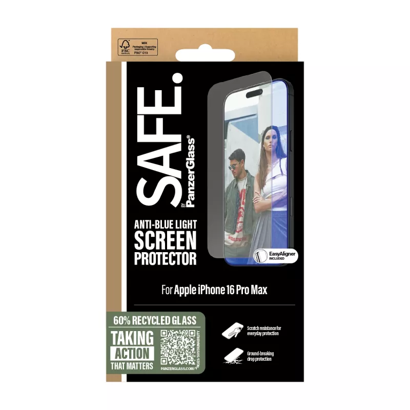 PanzerGlass SAFE. apsauginis stiklas nuo mėlynos šviesos iPhone 16 Pro Max | Ultra-Wide Fit