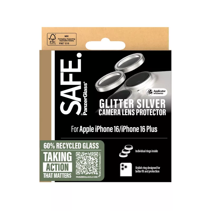 Apsauginis fotoaparato lęšių stikliukas PanzerGlass SAFE. Glitter Silver, skirtas iPhone '24 6,1 colio | 6,7 colio