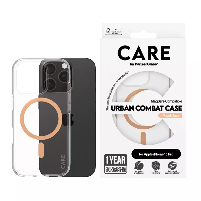 PanzerGlass CARE™ by ® Urban Combat dėklas skaidrus su persikiniu MagSafe iPhone 16 Pro