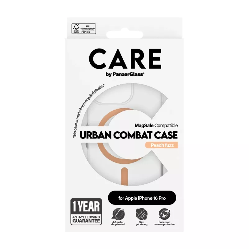 PanzerGlass CARE™ by ® Urban Combat dėklas skaidrus su persikiniu MagSafe iPhone 16 Pro