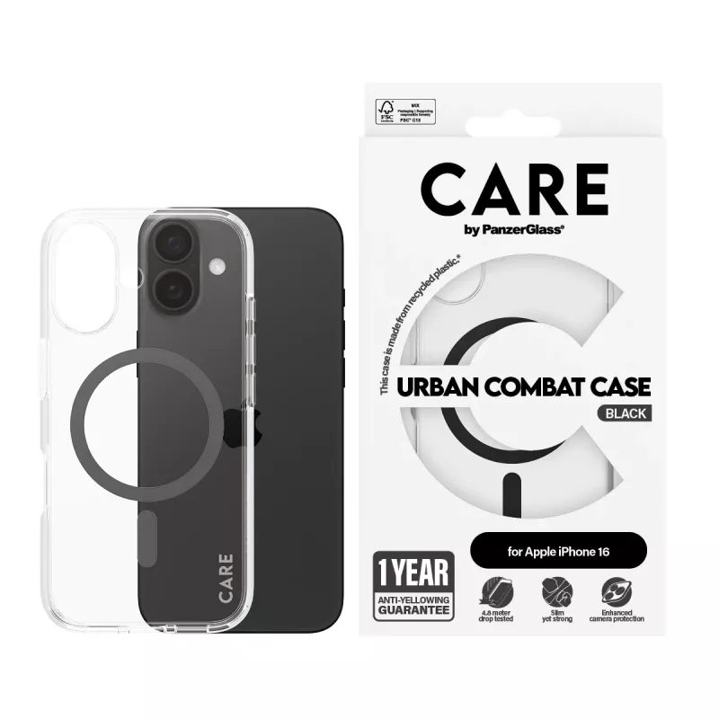 PanzerGlass CARE™ by ® Urban Combat Case Skaidrus su Juodu MagSafe iPhone 16