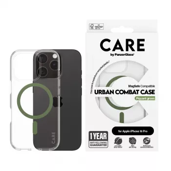 PanzerGlass CARE™ by ® Urban Combat Dėklas Skaidrus su Žaliu MagSafe iPhone 16 Pro
