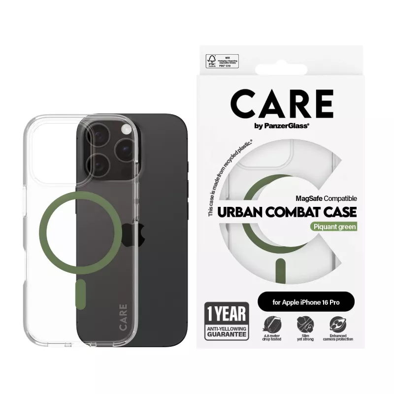 PanzerGlass CARE™ by ® Urban Combat Dėklas Skaidrus su Žaliu MagSafe iPhone 16 Pro