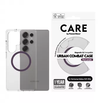 PanzerGlass CARE™ by ® Urban Combat dėklas Skaidrus su slyvų purpurine spalva, Qi suderinamas Samsung Galaxy S25 Ultra