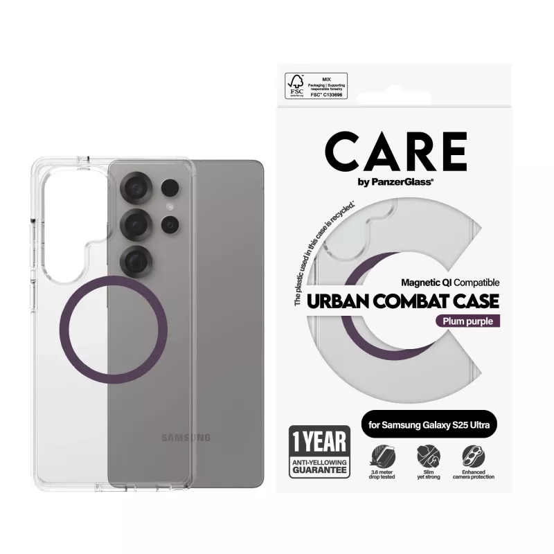 PanzerGlass CARE™ by ® Urban Combat dėklas Skaidrus su slyvų purpurine spalva, Qi suderinamas Samsung Galaxy S25 Ultra