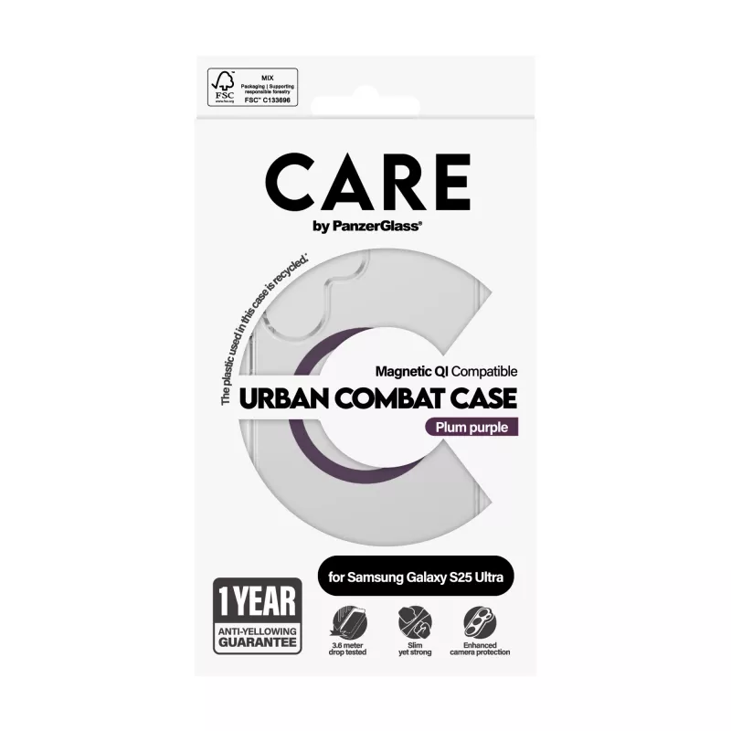 PanzerGlass CARE™ by ® Urban Combat dėklas Skaidrus su slyvų purpurine spalva, Qi suderinamas Samsung Galaxy S25 Ultra