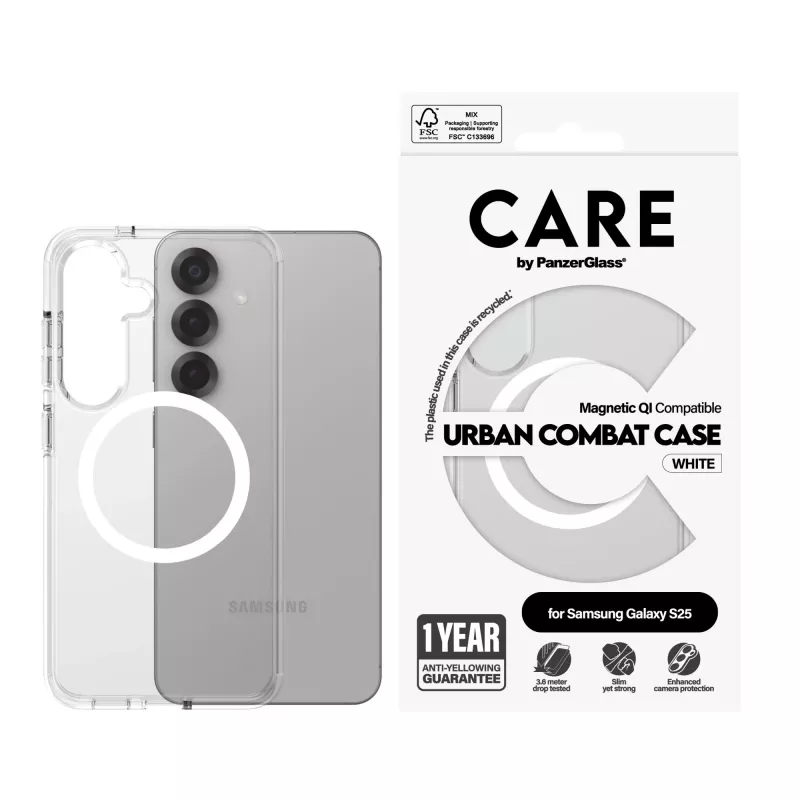 Dėklas PanzerGlass CARE by Flagship Case Skaidrus Urban Combat White Qi suderinamas Samsung Galaxy S25