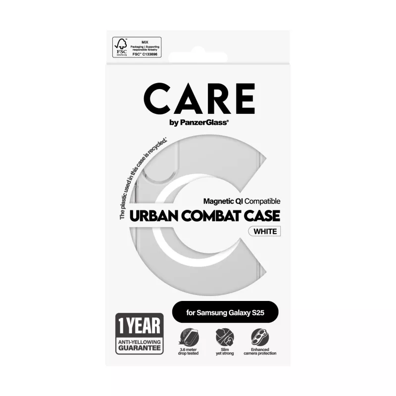 Dėklas PanzerGlass CARE by Flagship Case Skaidrus Urban Combat White Qi suderinamas Samsung Galaxy S25