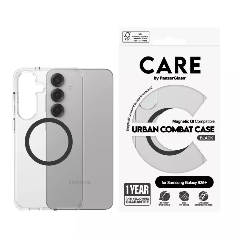 PanzerGlass CARE™ by ® Urban Combat Case Skaidrus su Juodu, Qi suderinamas, Samsung Galaxy S25+