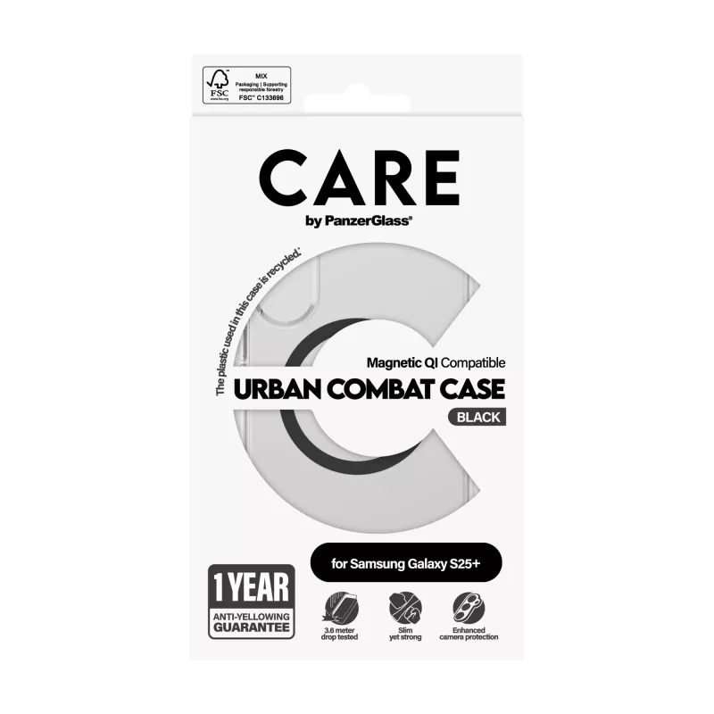 PanzerGlass CARE™ by ® Urban Combat Case Skaidrus su Juodu, Qi suderinamas, Samsung Galaxy S25+
