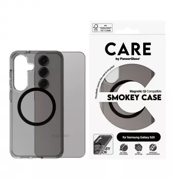 PanzerGlass CARE™ by ® Urban Combat Case Smokey su Juoda Qi suderinama Samsung Galaxy S25