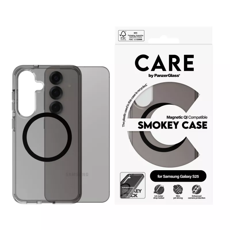 PanzerGlass CARE™ by ® Urban Combat Case Smokey su Juoda Qi suderinama Samsung Galaxy S25