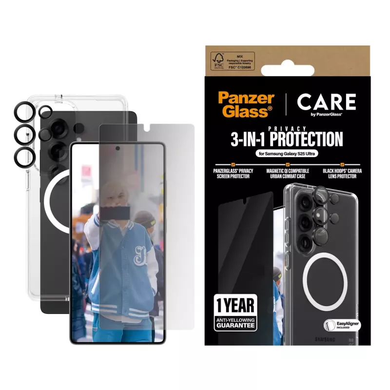 PanzerGlass CARE by ® Flagship 3-in-1 Privatumo rinkinys Samsung Galaxy S25 Ultra – Atsparus įbrėžimams ir smūgiams
