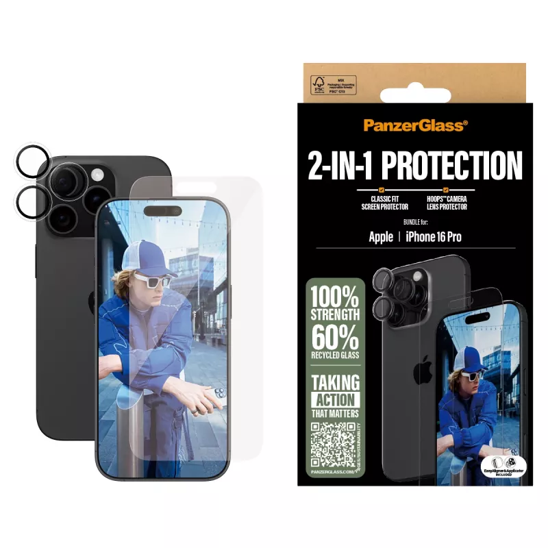 PanzerGlass ® 2-in-1 rinkinys iPhone 16 Pro, apsauginis stiklas ekranui ir objektyvui