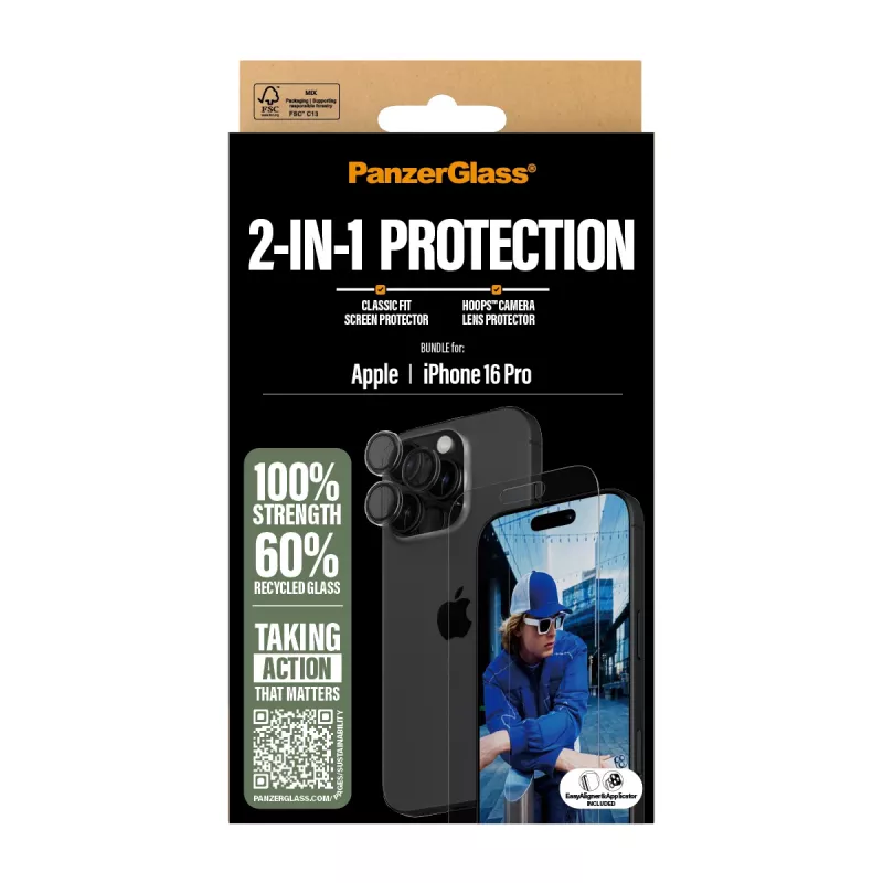PanzerGlass ® 2-in-1 rinkinys iPhone 16 Pro, apsauginis stiklas ekranui ir objektyvui