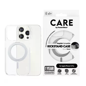 PanzerGlass CARE™ by ® Dėklas Skaidrus su Sidabriniu Stoveliu & MagSafe iPhone 15 Pro