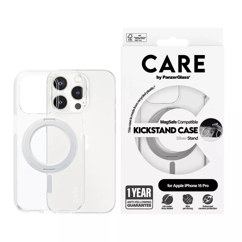 PanzerGlass CARE™ by ® Dėklas Skaidrus su Sidabriniu Stoveliu & MagSafe iPhone 15 Pro