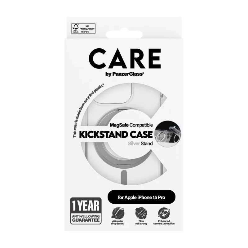 PanzerGlass CARE™ by ® Dėklas Skaidrus su Sidabriniu Stoveliu & MagSafe iPhone 15 Pro