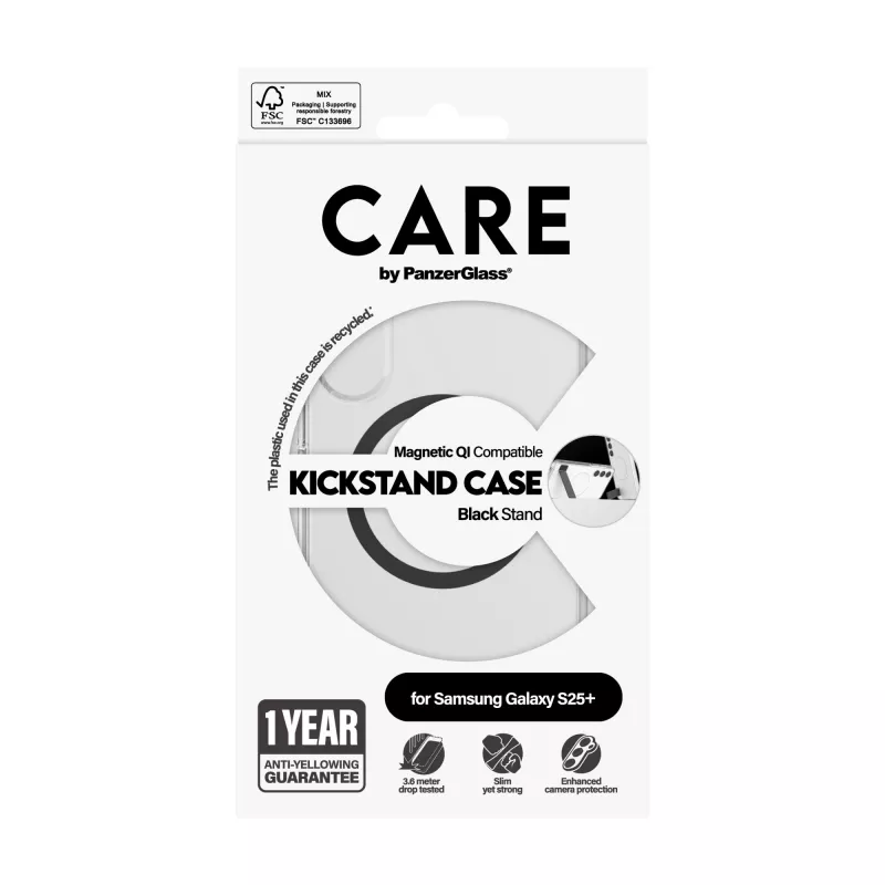 PanzerGlass CARE™ by ® Dėklas Skaidrus su Juodu Stovėjimo Stoveliu ir Qi Suderinamumu Samsung Galaxy S25+