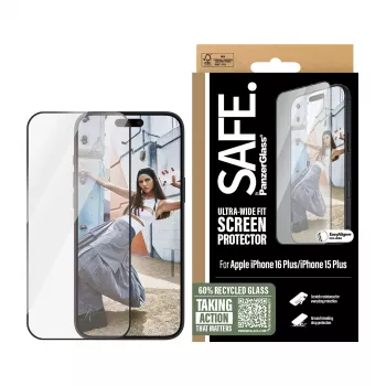 PanzerGlass SAFE. apsauginis stiklas su juodu rėmeliu iPhone 16 Plus | 15 Plus | Ultra-Wide Fit