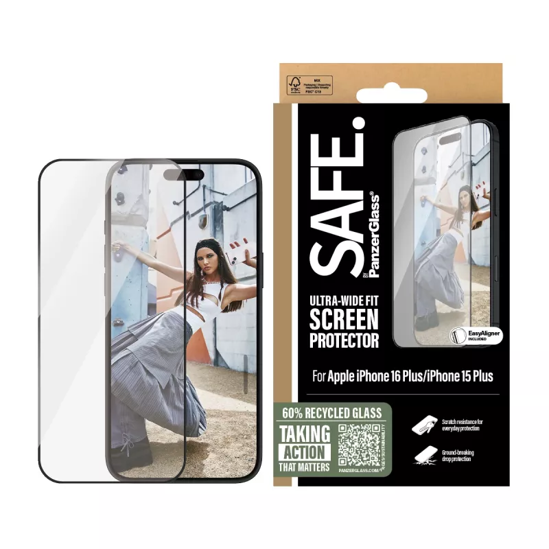 PanzerGlass SAFE. apsauginis stiklas su juodu rėmeliu iPhone 16 Plus | 15 Plus | Ultra-Wide Fit