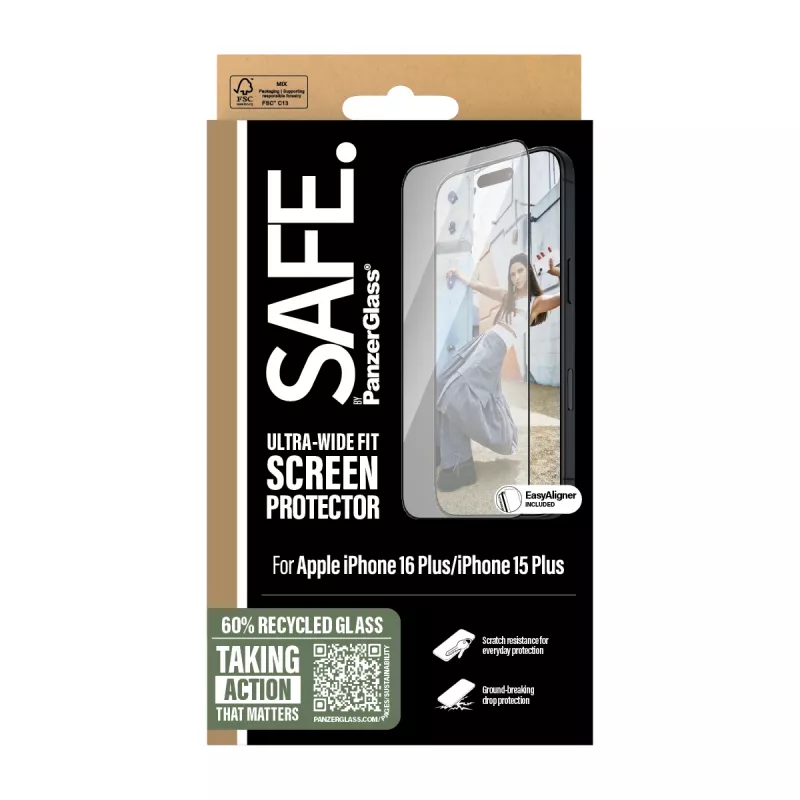 PanzerGlass SAFE. apsauginis stiklas su juodu rėmeliu iPhone 16 Plus | 15 Plus | Ultra-Wide Fit