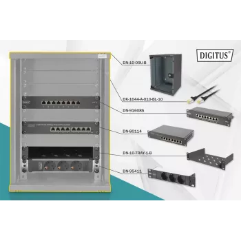 DIGITUS 10 colių tinklo rinkinys su 9U spintele, juoda lentyna, PDU, 8 prievadų jungikliu, CAT6 pataisų skydeliu