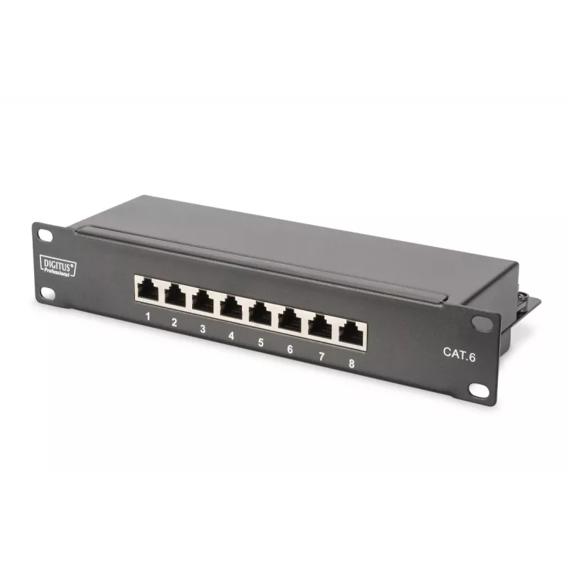 DIGITUS 10 colių tinklo rinkinys su 9U spintele, juoda lentyna, PDU, 8 prievadų jungikliu, CAT6 pataisų skydeliu