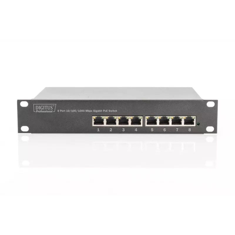 DIGITUS 8 prievadų Gigabit PoE jungiklis 10 colių, 8x10/100/1000Mbps RJ45 PoE 96W