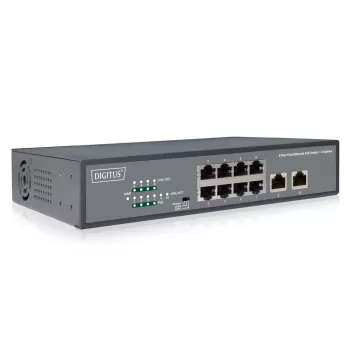 DIGITUS Fast Ethernet PoE af/at 8 prievadų jungiklis + 2 uplinkai, 120W PoE galios biudžetas, montuojamas į stelažą