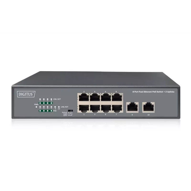 DIGITUS Fast Ethernet PoE af/at 8 prievadų jungiklis + 2 uplinkai, 120W PoE galios biudžetas, montuojamas į stelažą