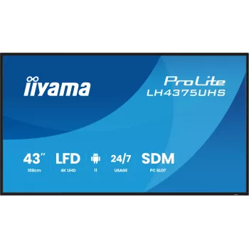 iiyama LH4375UHS-B2AG reklaminis ekranas 108 cm (42,5 colio) LCD Wi-Fi 500 cd/m² 4K Ultra HD juodas su įmontuotu procesoriumi Android 11 24/7