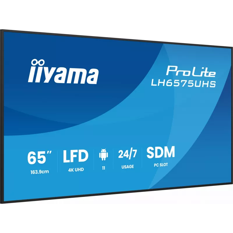 „iiyama“ LH6575UHS-B2AG skaitmeninės reklamos ekranas 163,8 cm (64,5 colio) LCD Wi-Fi 500 cd/m² 4K Ultra HD juodas su integruotu procesoriumi Android 11 24/7