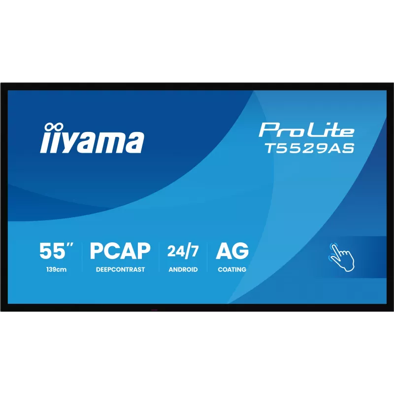 iiyama T5529AS-B1AG skaitmeninė iškaba su kiosko dizainu, 138,7 cm (54,6 colio) LED, Wi-Fi, 450 cd/m², 4K Ultra HD, juoda, jutiklinis ekranas, įmontuotas procesorius, Android, 24/7