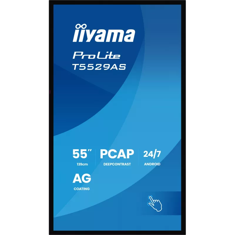 iiyama T5529AS-B1AG skaitmeninė iškaba su kiosko dizainu, 138,7 cm (54,6 colio) LED, Wi-Fi, 450 cd/m², 4K Ultra HD, juoda, jutiklinis ekranas, įmontuotas procesorius, Android, 24/7