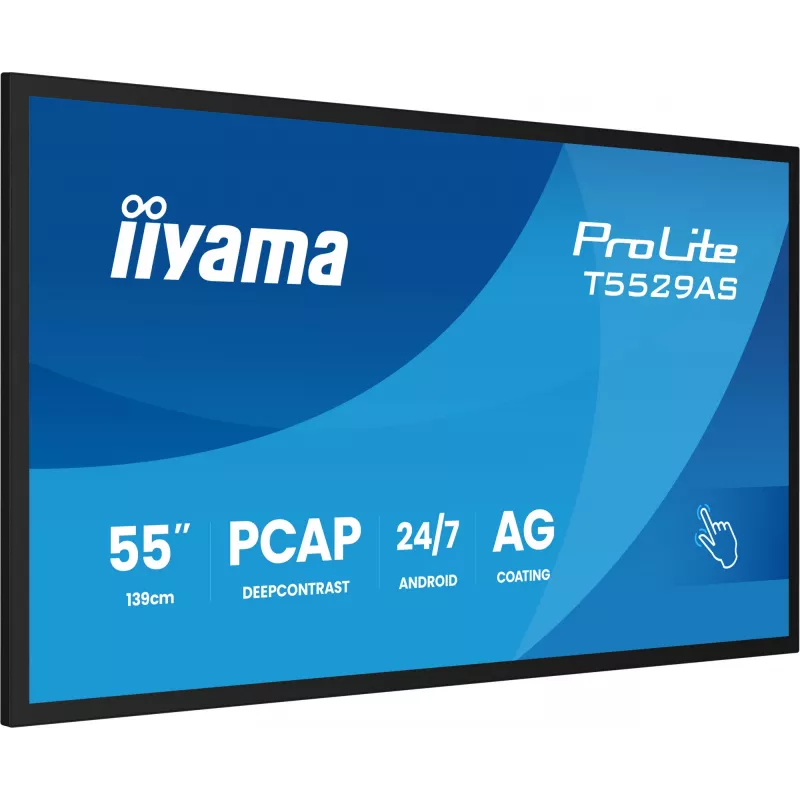 iiyama T5529AS-B1AG skaitmeninė iškaba su kiosko dizainu, 138,7 cm (54,6 colio) LED, Wi-Fi, 450 cd/m², 4K Ultra HD, juoda, jutiklinis ekranas, įmontuotas procesorius, Android, 24/7