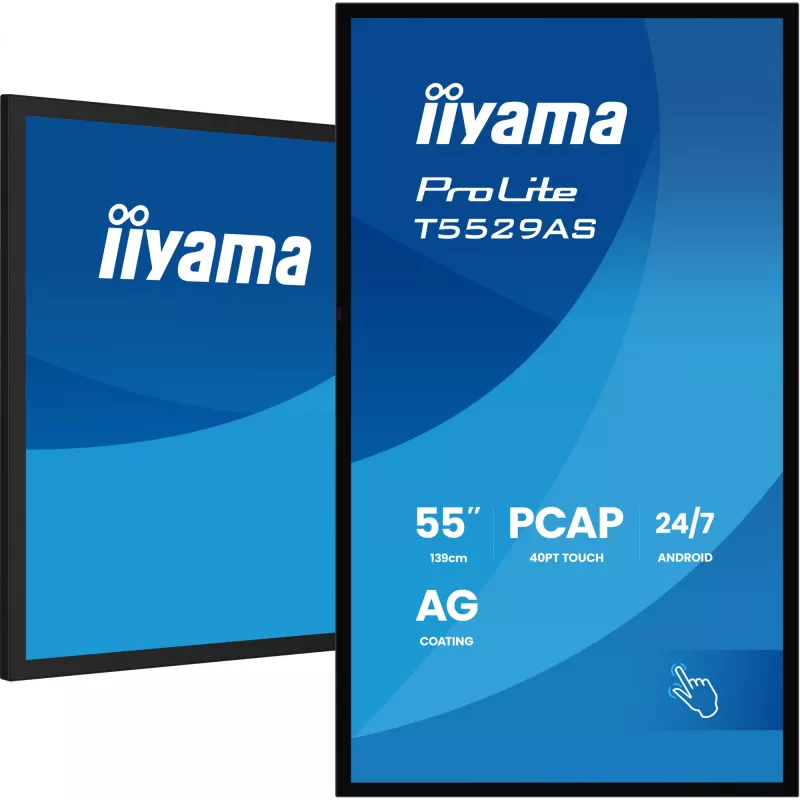 iiyama T5529AS-B1AG skaitmeninė iškaba su kiosko dizainu, 138,7 cm (54,6 colio) LED, Wi-Fi, 450 cd/m², 4K Ultra HD, juoda, jutiklinis ekranas, įmontuotas procesorius, Android, 24/7