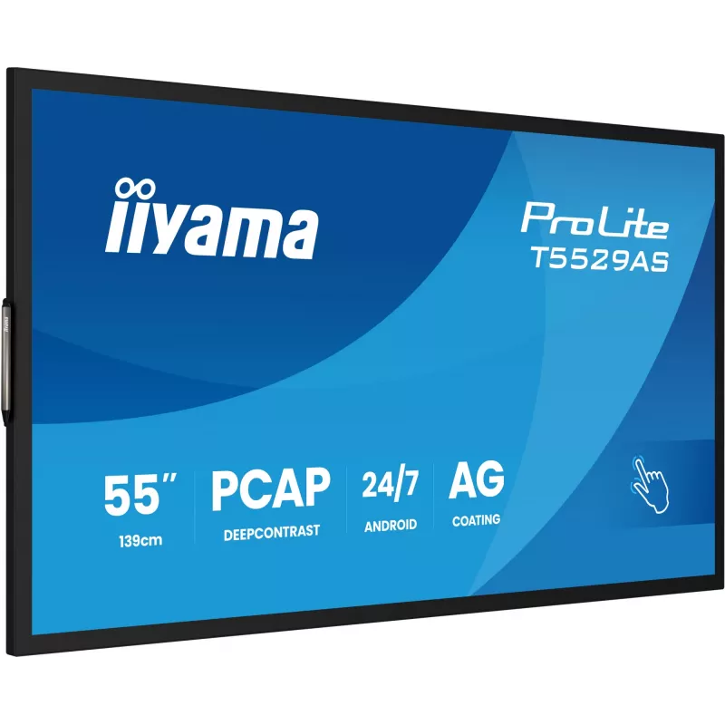 iiyama T5529AS-B1AG skaitmeninė iškaba su kiosko dizainu, 138,7 cm (54,6 colio) LED, Wi-Fi, 450 cd/m², 4K Ultra HD, juoda, jutiklinis ekranas, įmontuotas procesorius, Android, 24/7