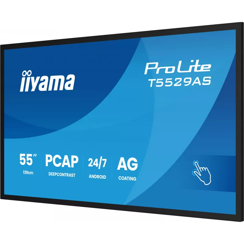 iiyama T5529AS-B1AG skaitmeninė iškaba su kiosko dizainu, 138,7 cm (54,6 colio) LED, Wi-Fi, 450 cd/m², 4K Ultra HD, juoda, jutiklinis ekranas, įmontuotas procesorius, Android, 24/7