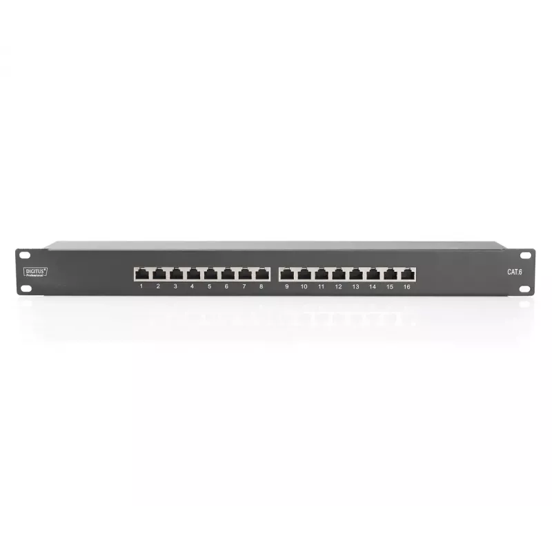 DIGITUS CAT6, E klasės ekranuotas pataisų skydelis 16 prievadų RJ45, 8P8C, LSA, 1U, stelažinis, juodos spalvos RAL9005/482x44x109