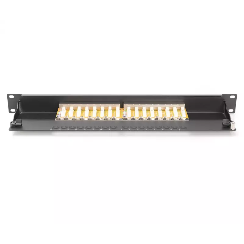 DIGITUS CAT6, E klasės ekranuotas pataisų skydelis 16 prievadų RJ45, 8P8C, LSA, 1U, stelažinis, juodos spalvos RAL9005/482x44x109