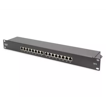 DIGITUS CAT6, E klasės ekranuotas pataisų skydelis 16 prievadų RJ45, 8P8C, LSA, 1U, stelažinis, juodos spalvos RAL9005/482x44x109