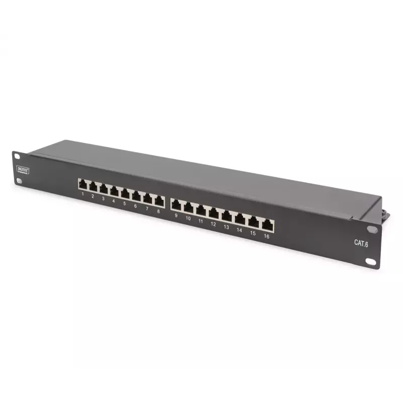 DIGITUS CAT6, E klasės ekranuotas pataisų skydelis 16 prievadų RJ45, 8P8C, LSA, 1U, stelažinis, juodos spalvos RAL9005/482x44x109