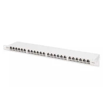 DIGITUS Patch panel CAT6A EA ekranuotas, 24 prievadai RJ45 su apsauginiais gaubtukais, 8P8C, 0,5U, pilkas RAL 7035