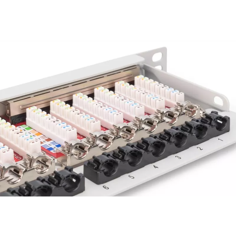 DIGITUS Patch panel CAT6A EA ekranuotas, 24 prievadai RJ45 su apsauginiais gaubtukais, 8P8C, 0,5U, pilkas RAL 7035