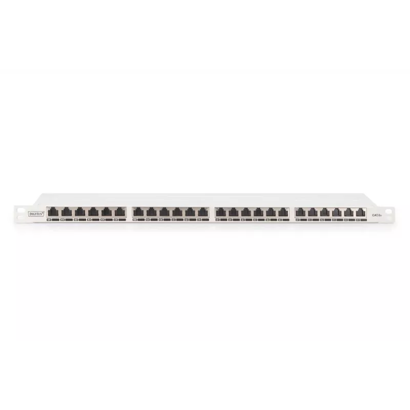 DIGITUS Patch panel CAT6A EA ekranuotas, 24 prievadai RJ45 su apsauginiais gaubtukais, 8P8C, 0,5U, pilkas RAL 7035
