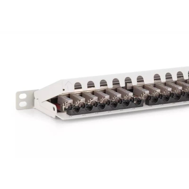 DIGITUS Patch panel CAT6A EA ekranuotas, 24 prievadai RJ45 su apsauginiais gaubtukais, 8P8C, 0,5U, pilkas RAL 7035