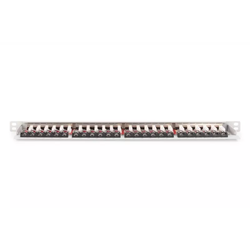 DIGITUS Patch panel CAT6A EA ekranuotas, 24 prievadai RJ45 su apsauginiais gaubtukais, 8P8C, 0,5U, pilkas RAL 7035